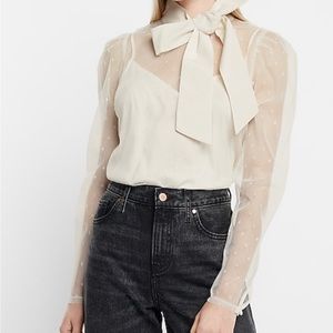 002 NWOT Express Tulle Polka Dot Tie Mock Neck Puff Sleeve Top